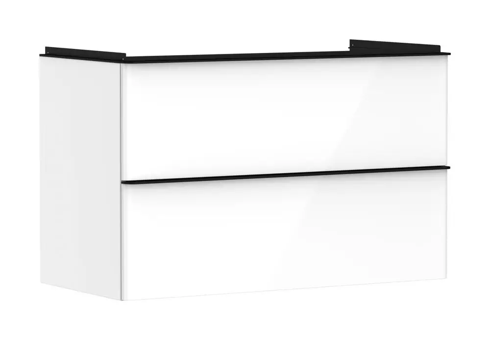 Weißer Waschtischunterschrank mit zwei Schubkästen, glänzender Oberfläche, aus der Serie von Hansgrohe, montiert ohne sichtbare Befestigungen, geeignet für Badezimmer.